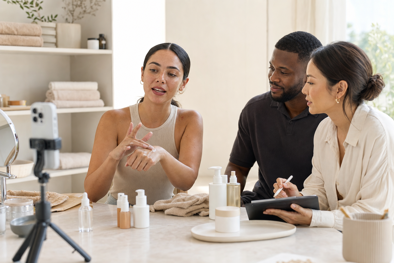 Beauty influencer demonstrating a skincare product while collaborating with a skincare brand team