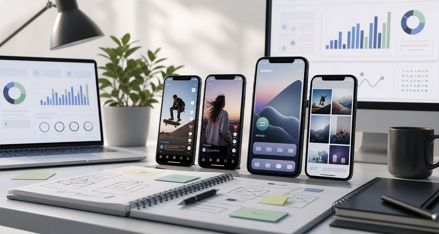 App promotion influencer campaign workspace with phones and creator marketing visuals