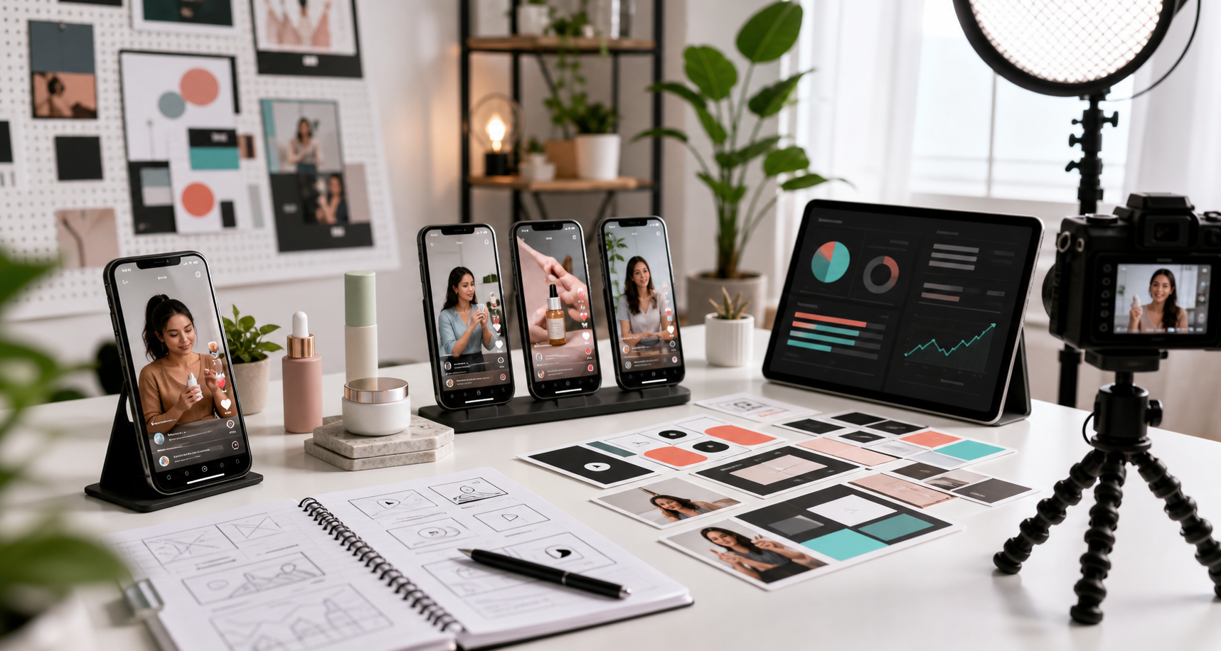 TikTok-style paid ads UGC creator workspace with vertical video mockups and product demo props